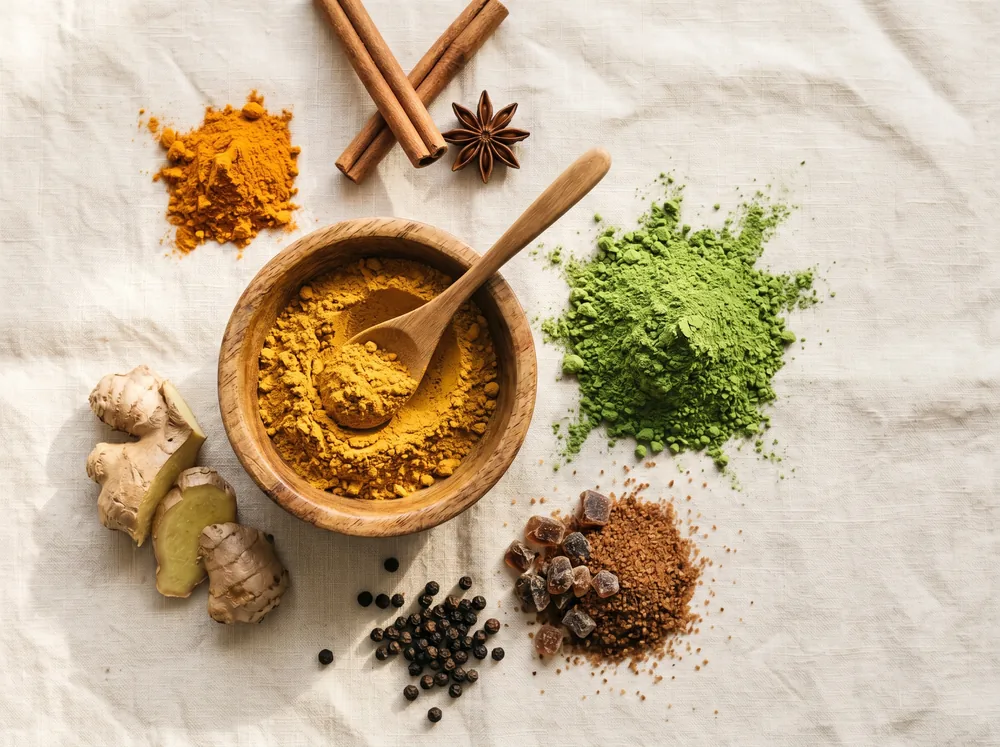 Zutaten der Bio Goldenen Milch Gerstengras (KI-generiert)