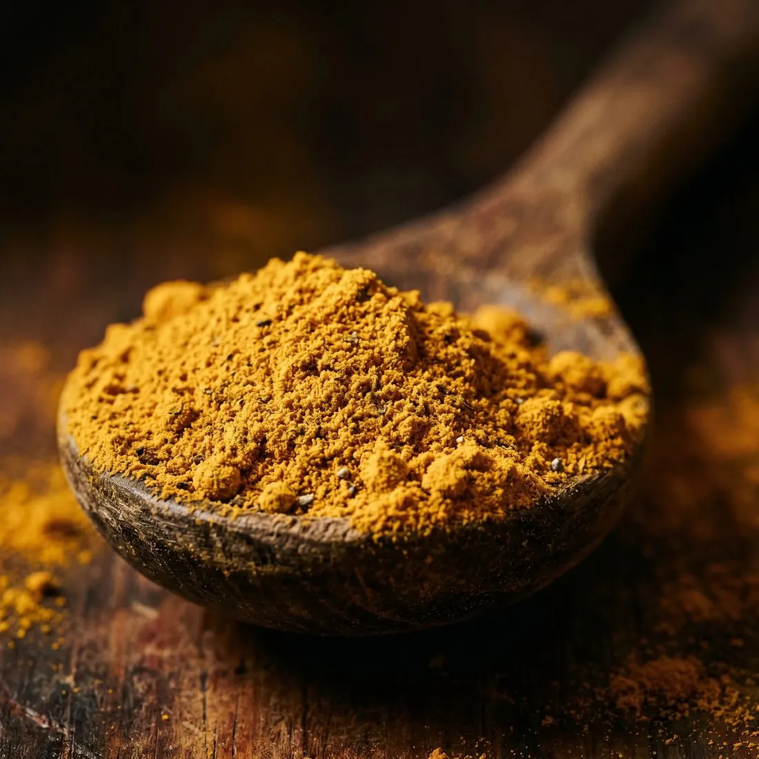 Goldenes Kurkuma-Latte-Pulver auf einem Holzlöffel, Nahaufnahme (KI-generiert)