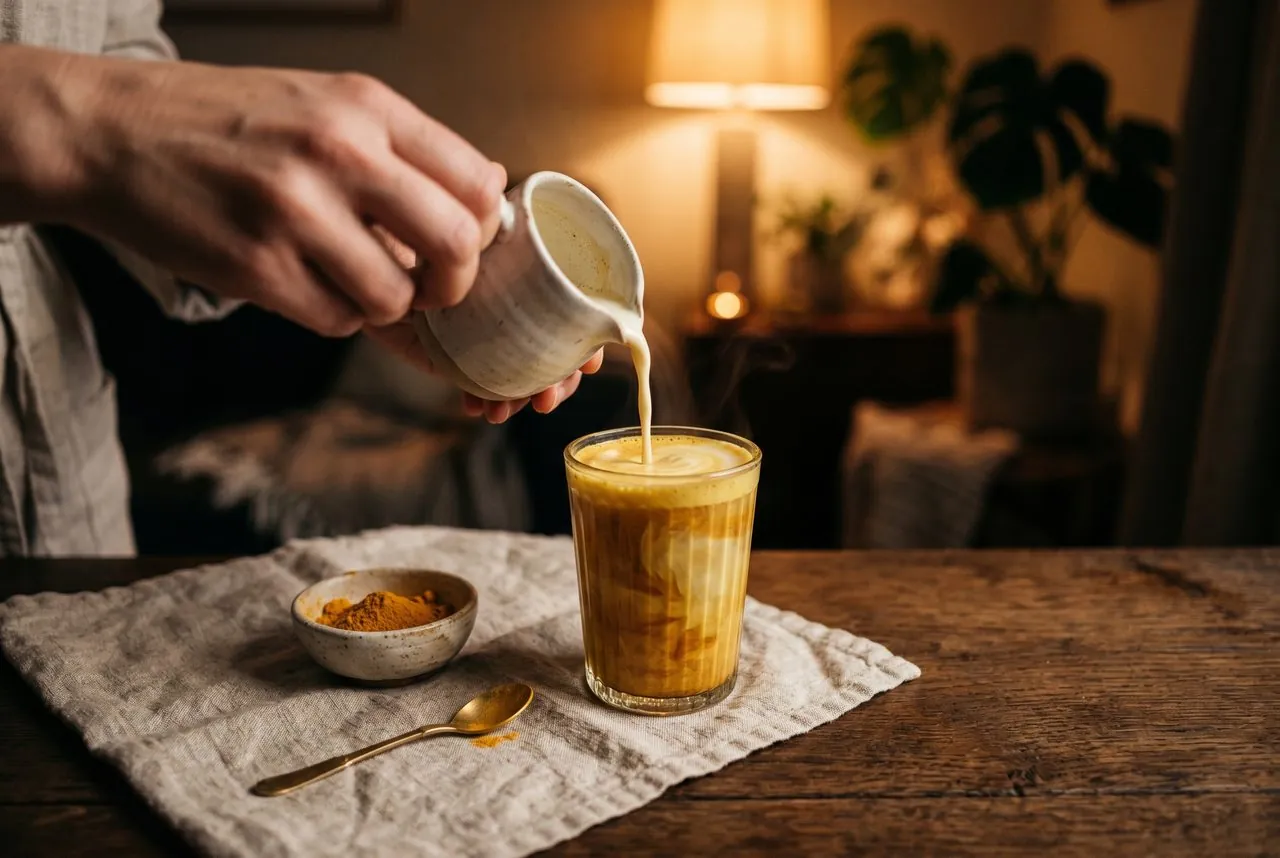 Pflanzendrink wird in ein Glas goldene Milch gegossen (KI-generiert)