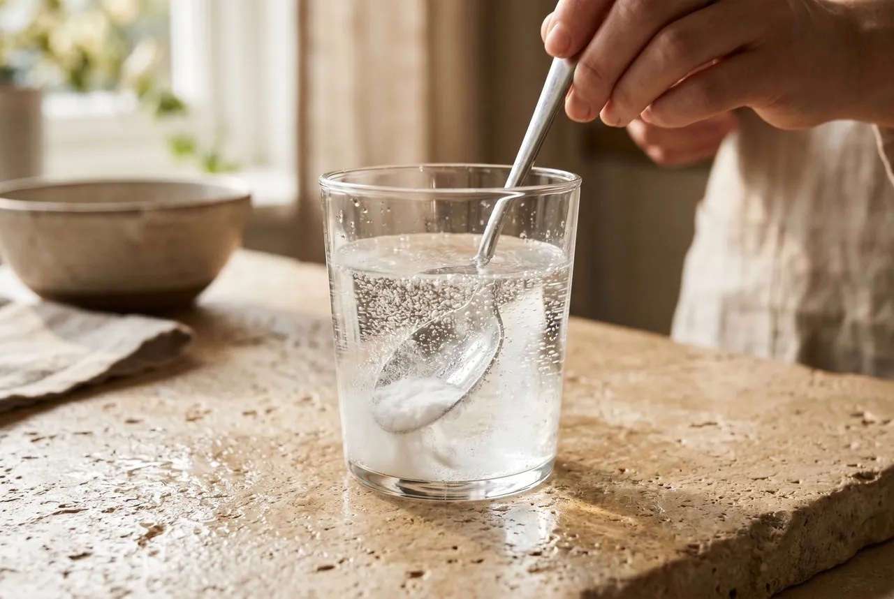 Glas Wasser mit eingerührtem Natron und feinen Bläschen (KI-generiert)