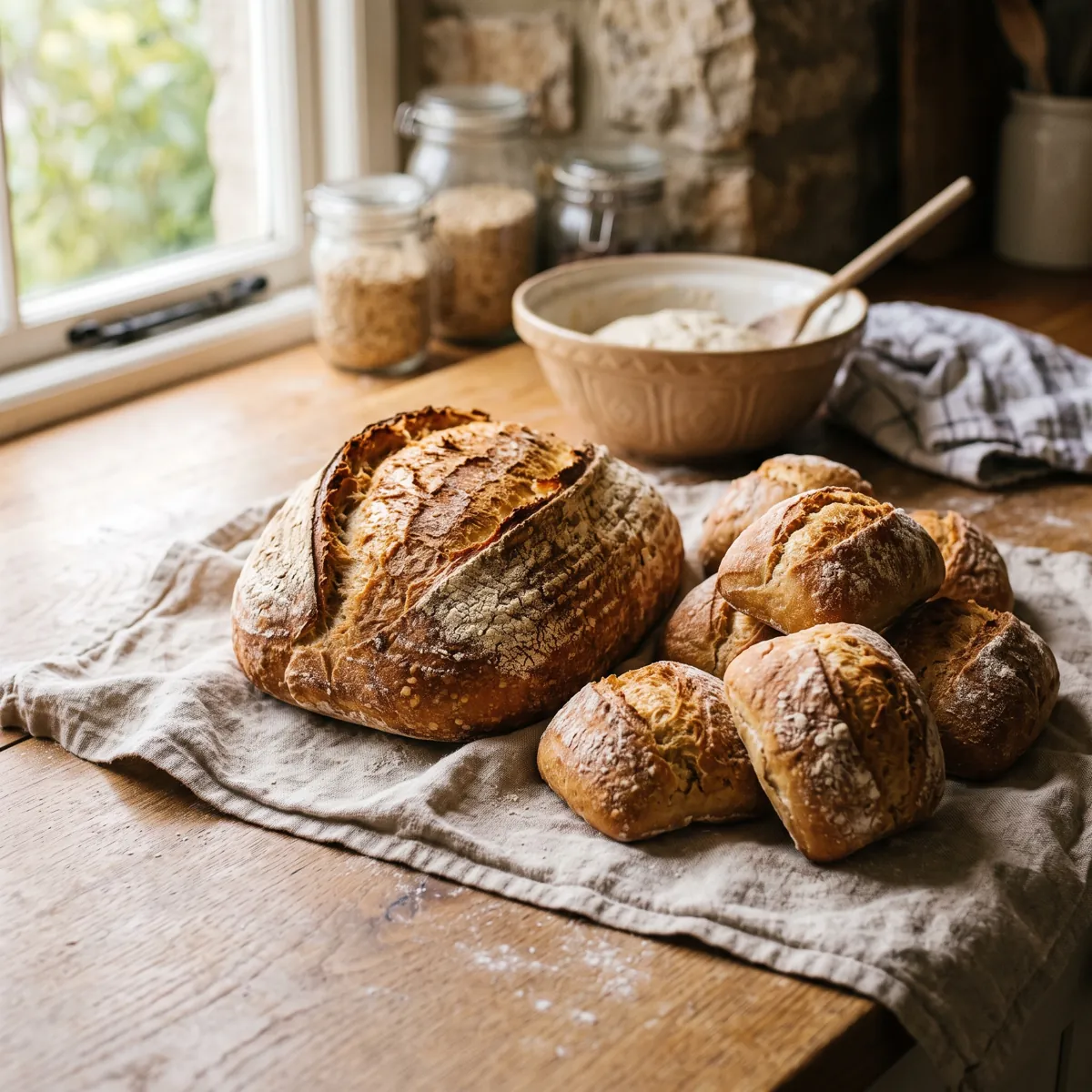 Frisch gebackene goldene Broetchen und Brot (KI-generiert)