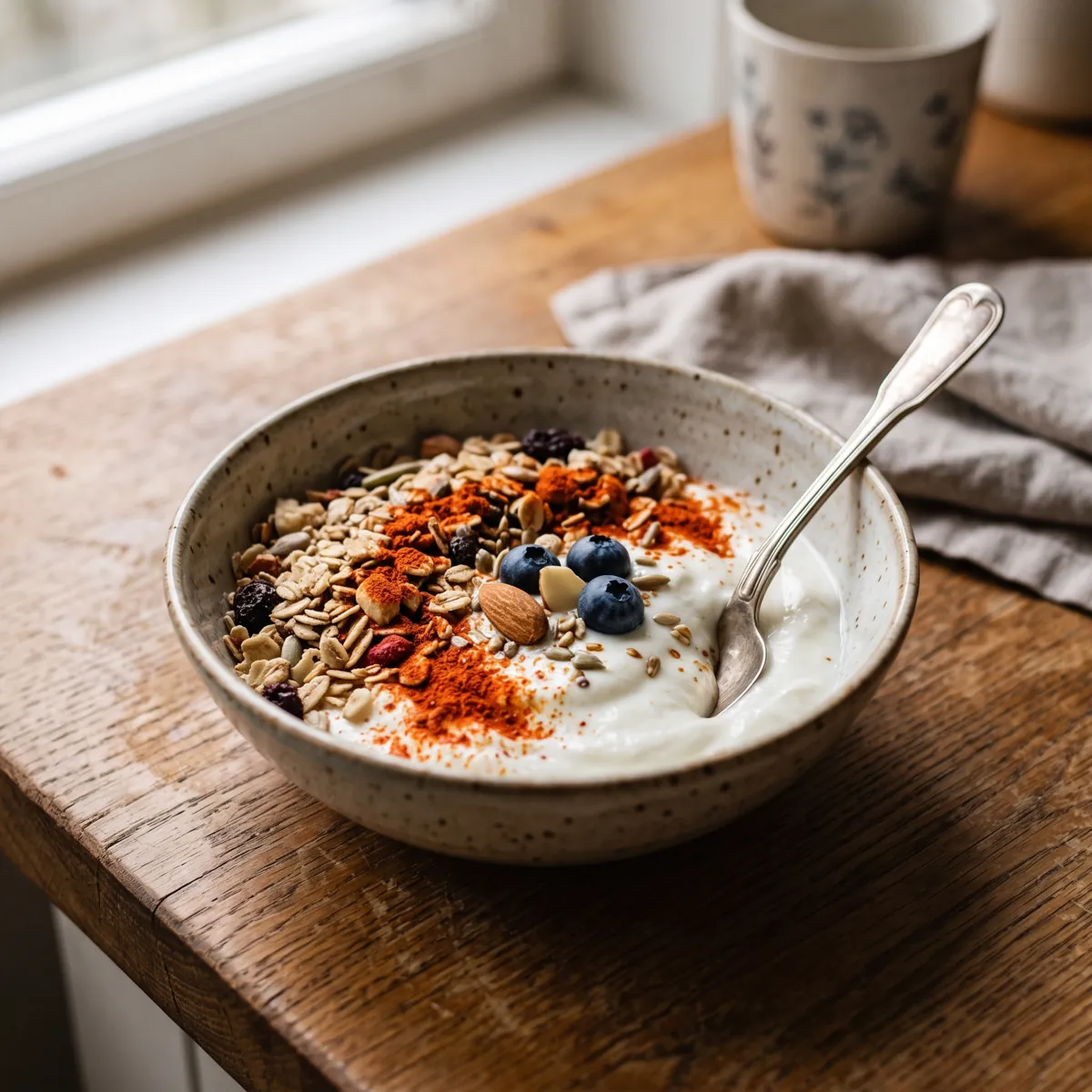 Joghurt mit Hagebuttenpulver und Muesli (KI-generiert)