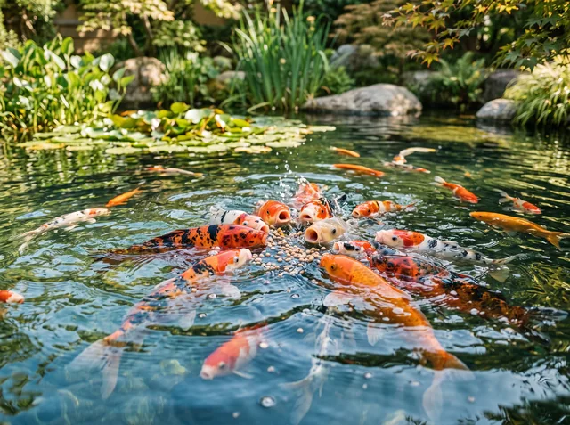 Teichfische beim Fressen an der Wasseroberfläche (KI-generiert)