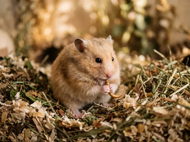 Hamster knabbert an einem getrockneten Mehlwurm (KI-generiert)
