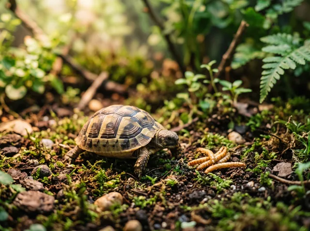 Schildkröte mit getrockneten Mehlwürmern (KI-generiert)