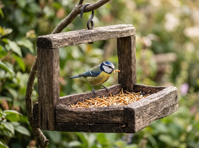 Blaumeise am Futterhaus mit getrockneten Mehlwürmern (KI-generiert)