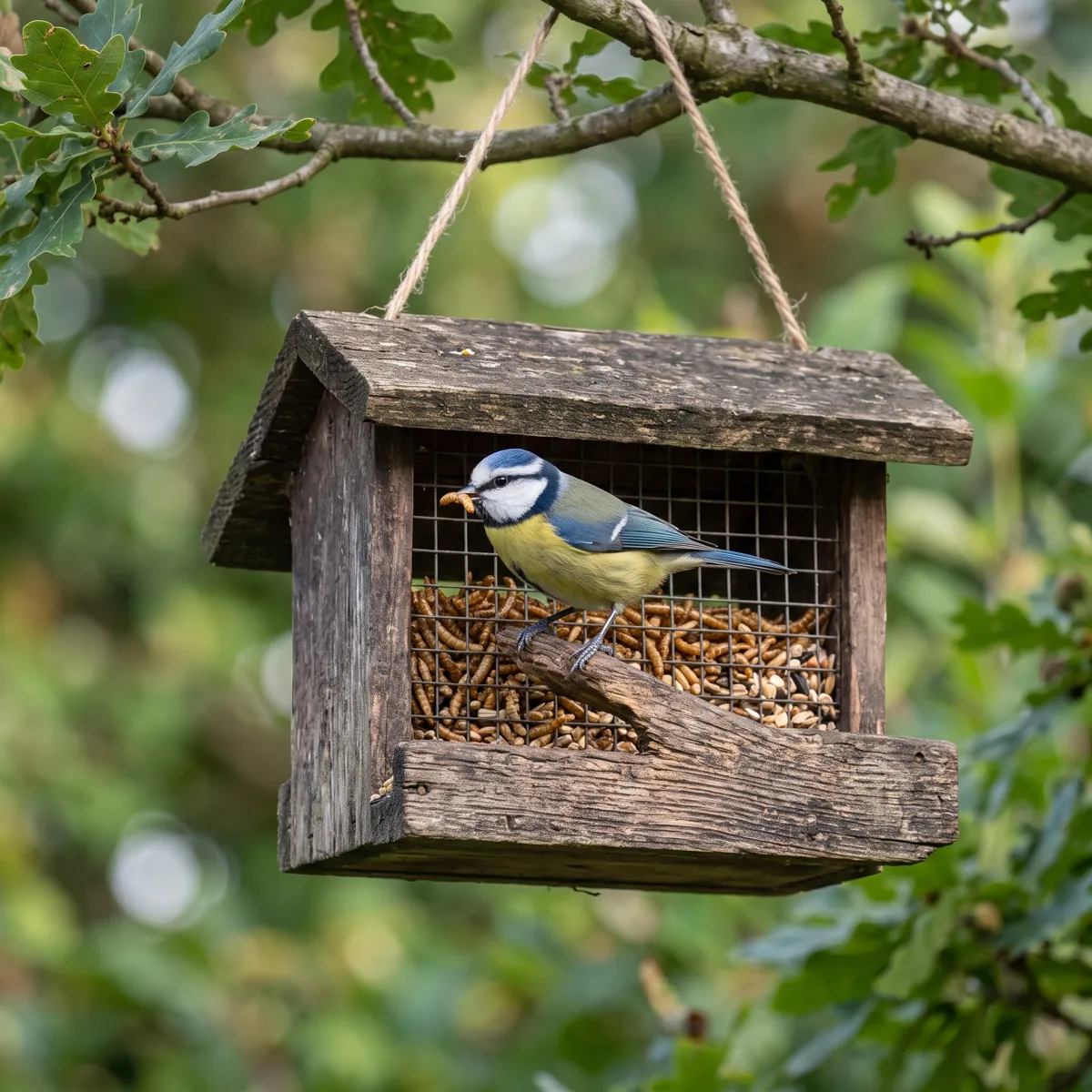 Blaumeise an einem Futterhaus mit Mehlwuermern (KI-generiert)