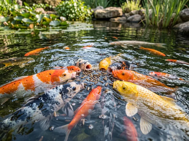 Teichfische fressen getrocknete Soldatenfliegenlarven (KI-generiert)