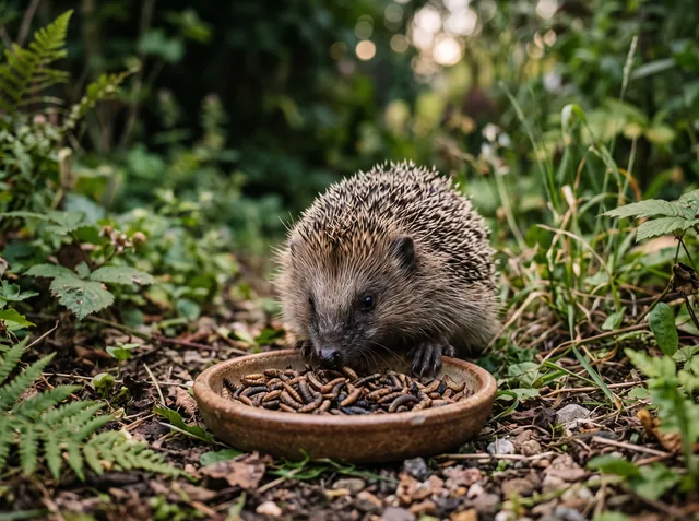 Igel frisst getrocknete Soldatenfliegenlarven (KI-generiert)