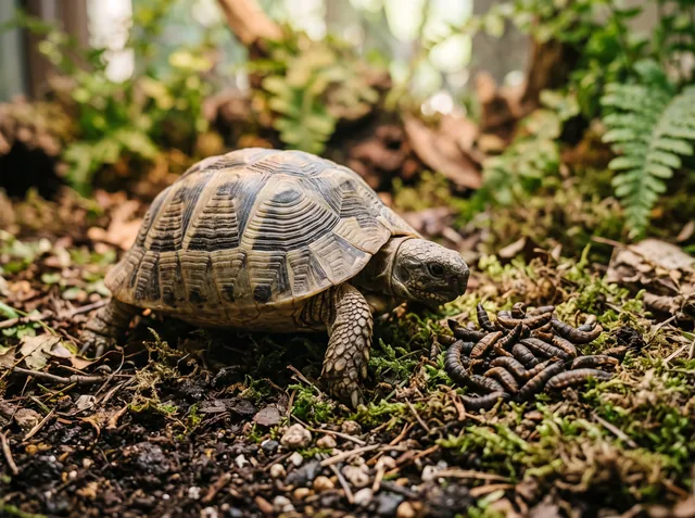 Schildkröte mit getrockneten Soldatenfliegenlarven (KI-generiert)