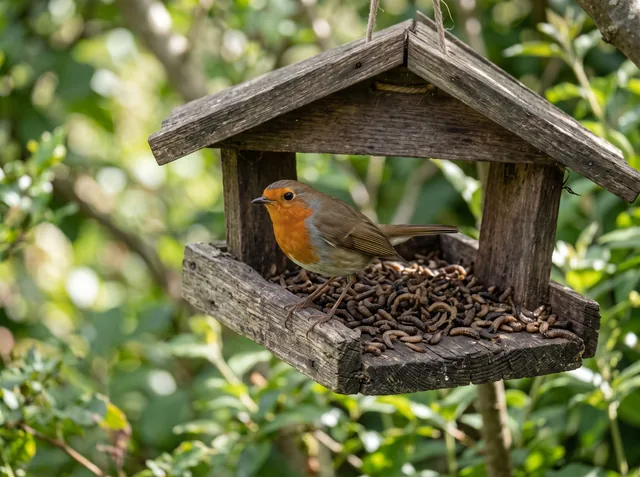 Gartenvogel am Futterhaus mit getrockneten Soldatenfliegenlarven (KI-generiert)